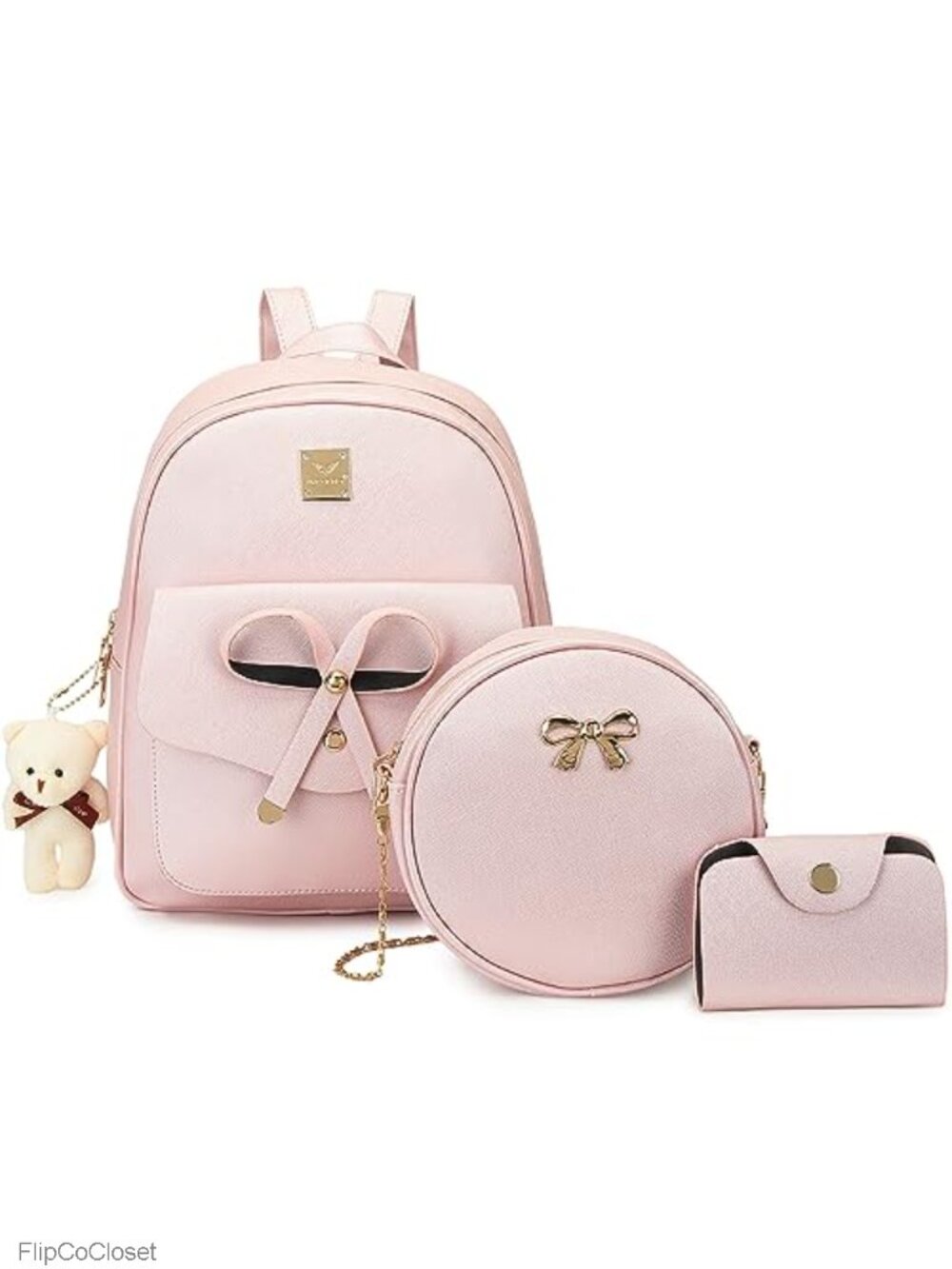 Mini Faux Leather Backpack Purse with Bowknot 3 Piece Set Cute Gift for Women